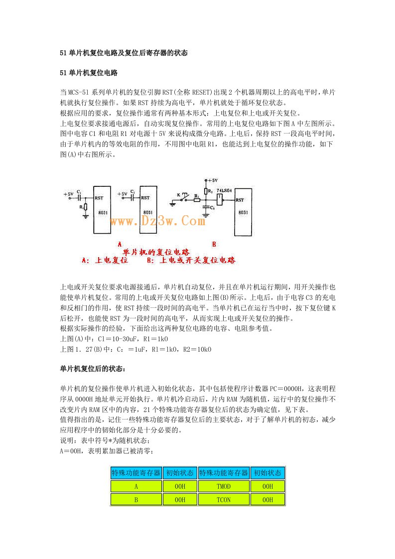 51单片机复位电路及复位后寄存器的状态