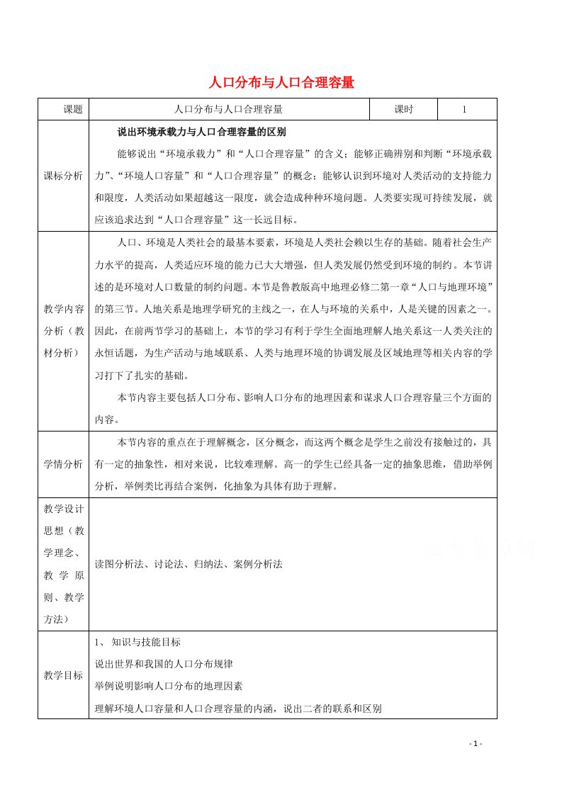 2020_2021学年高中地理第一单元人口与地理环境第三节人口分布与人口合理容量教案3鲁教版必修2