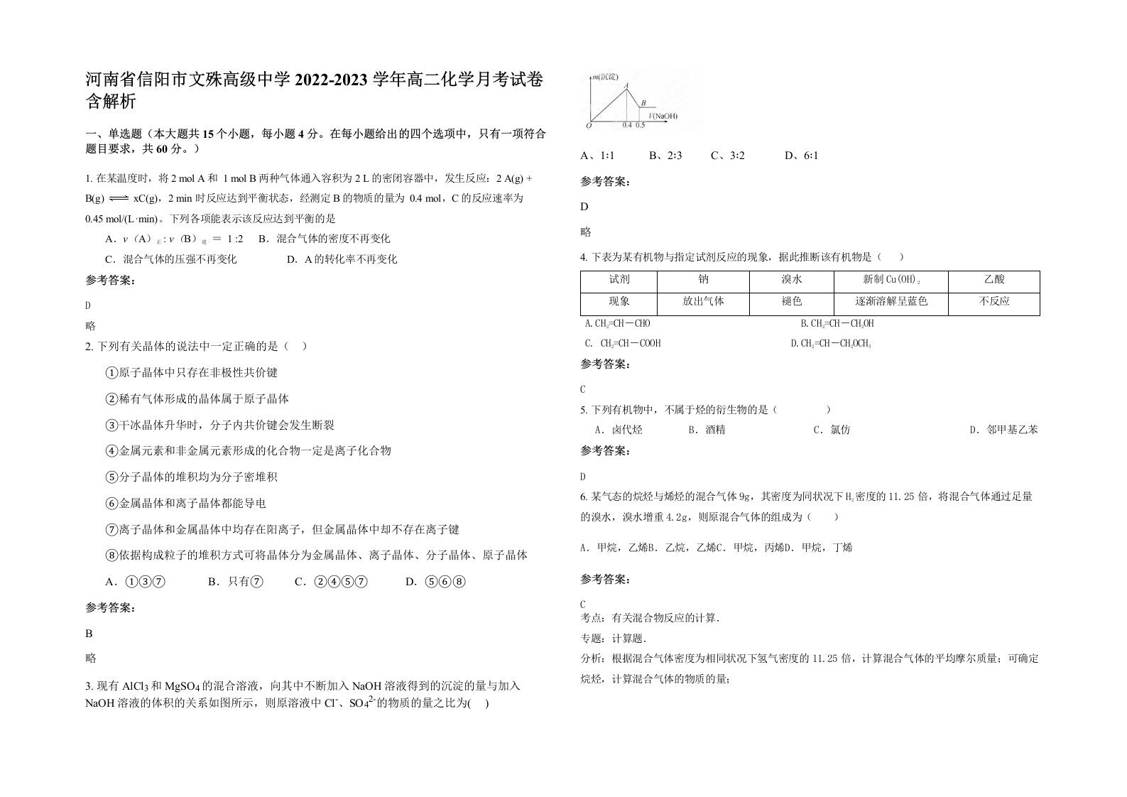 河南省信阳市文殊高级中学2022-2023学年高二化学月考试卷含解析