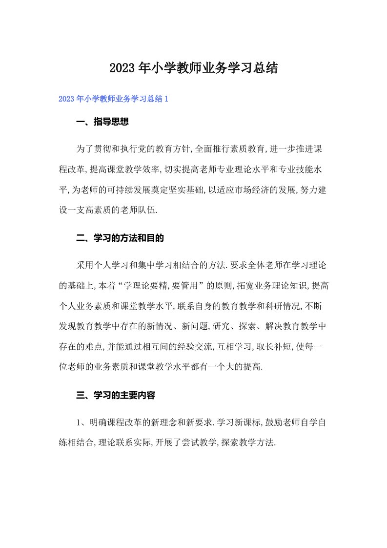 2023年小学教师业务学习总结