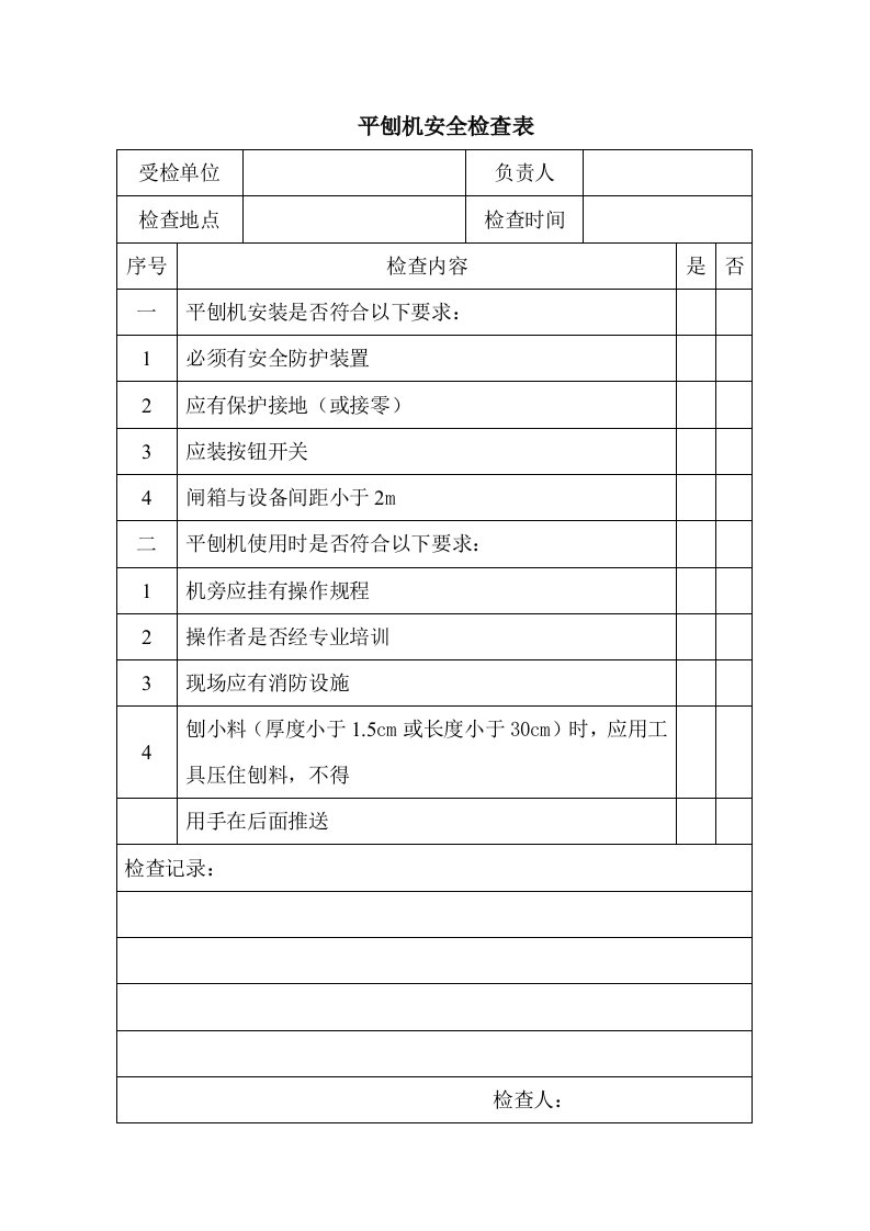 建筑公司安全管理-平刨机安全检查表