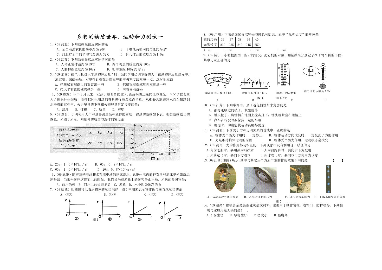 多彩的物质世界、运动和力测试