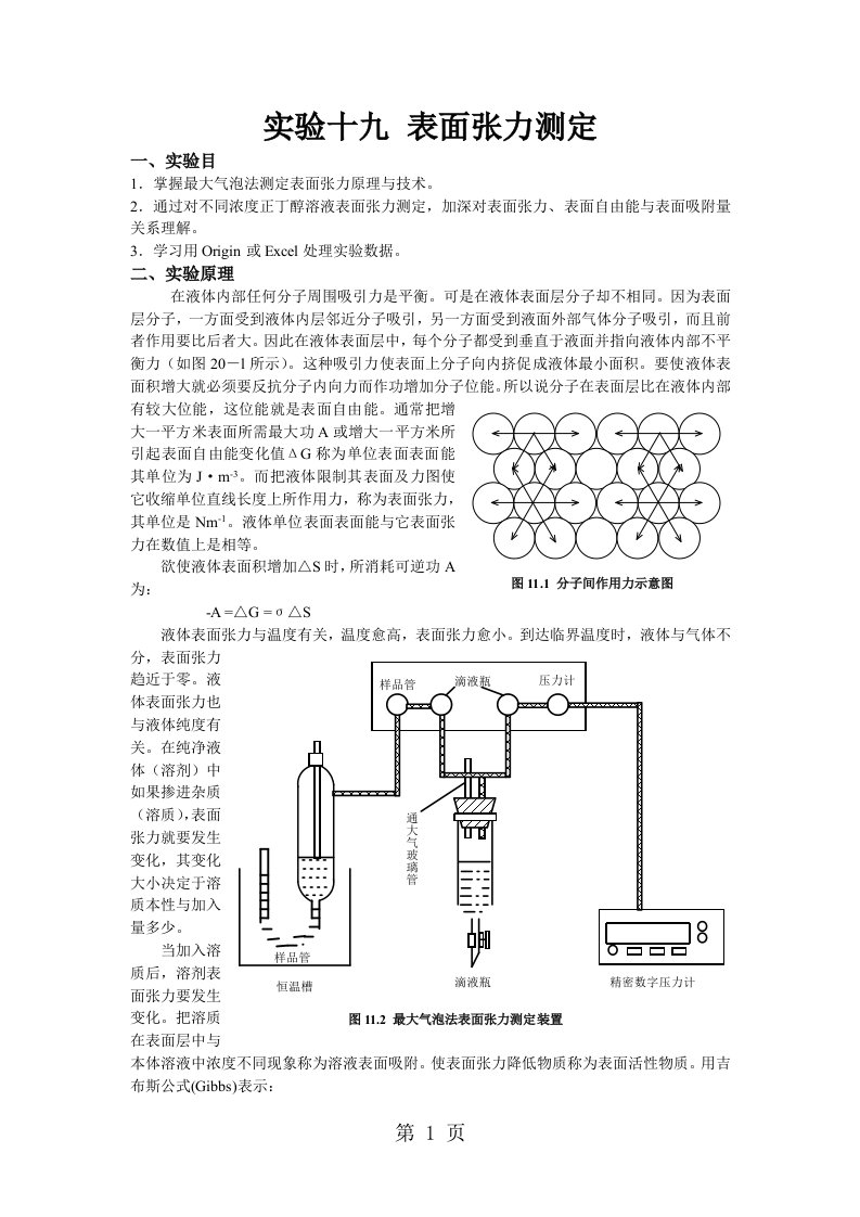 表面张力的测定实验数据