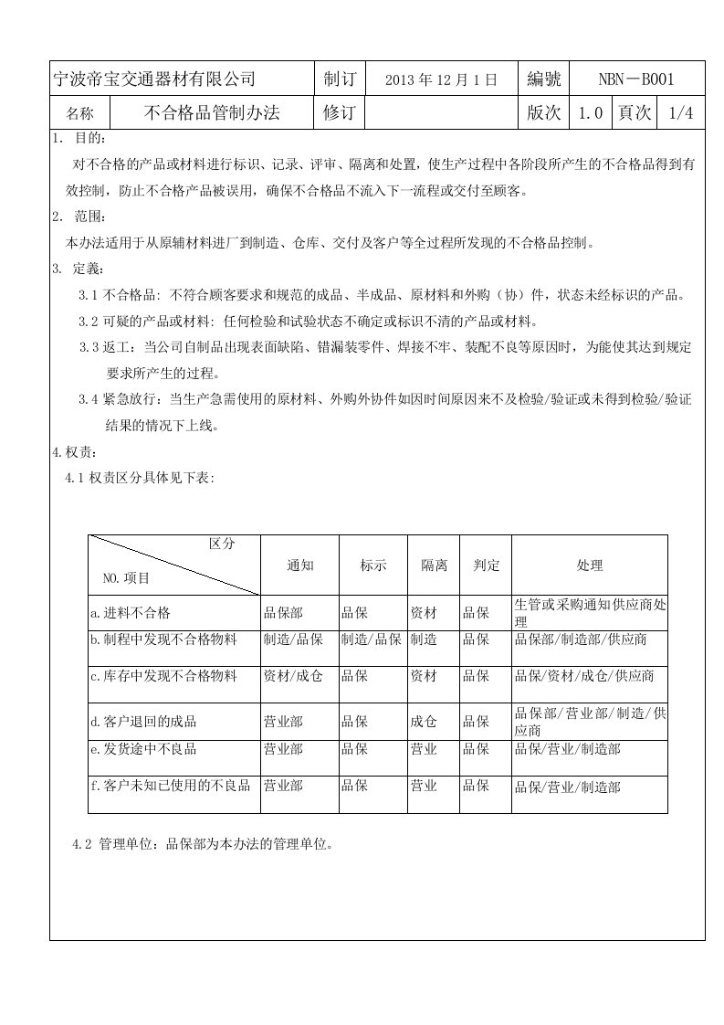 交通器材有限公司不合格品管制法