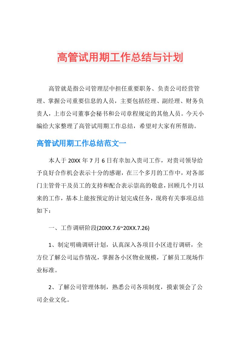 高管试用期工作总结与计划