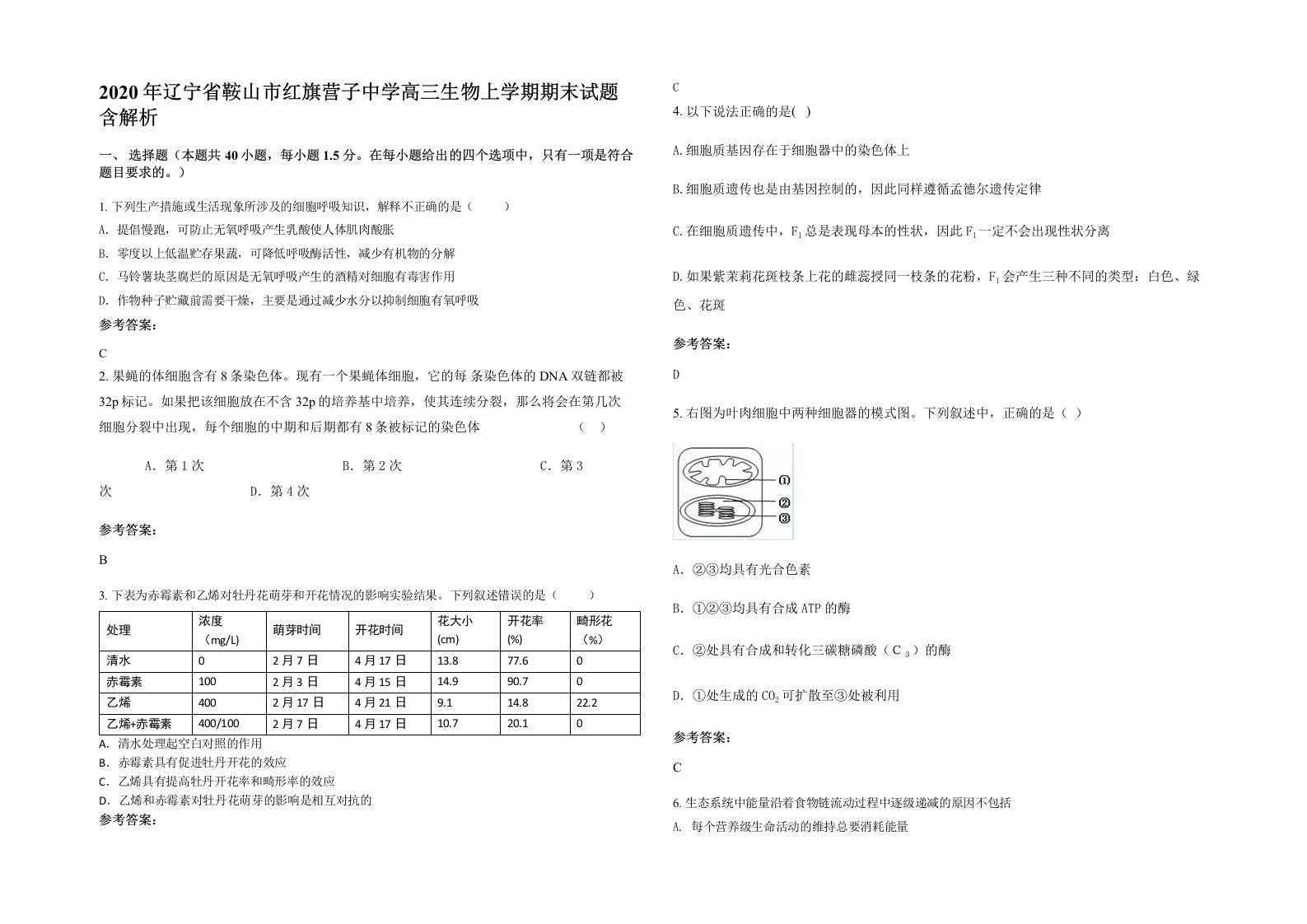 2020年辽宁省鞍山市红旗营子中学高三生物上学期期末试题含解析