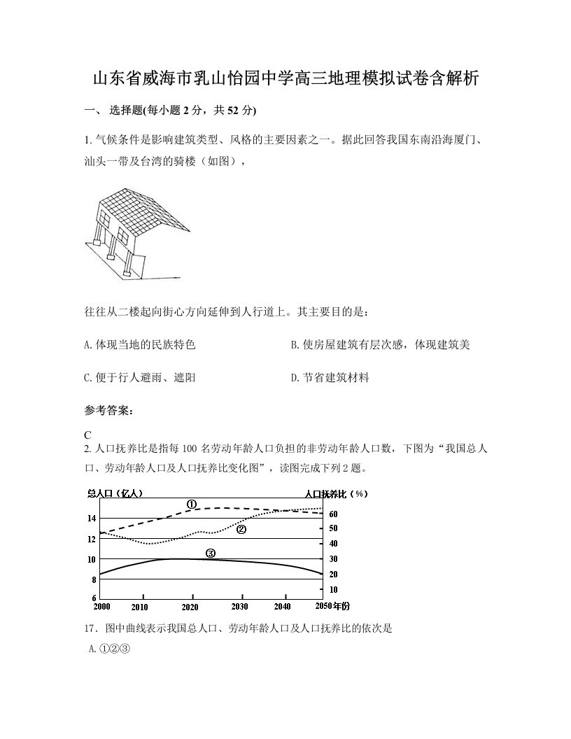 山东省威海市乳山怡园中学高三地理模拟试卷含解析