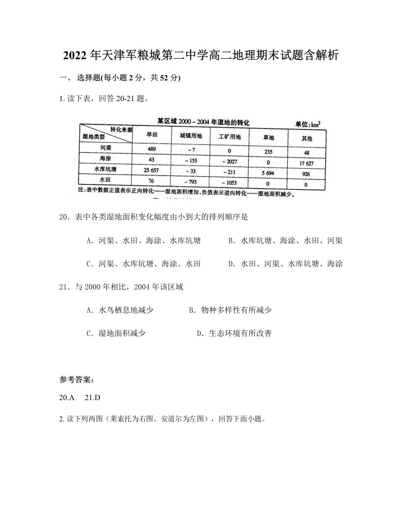 2022年天津军粮城第二中学高二地理期末试题含解析