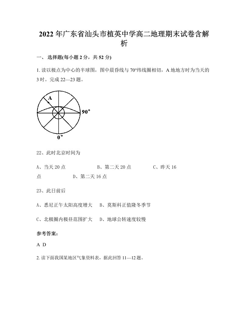 2022年广东省汕头市植英中学高二地理期末试卷含解析