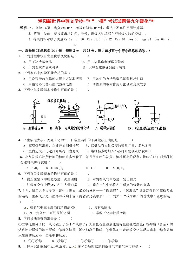 广东省汕头市潮阳市新世界中英文学校九级化学下学期第一次模拟考试试题（无答案）