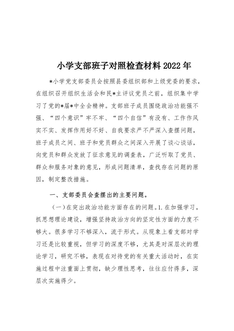 小学支部班子对照检查材料2022年