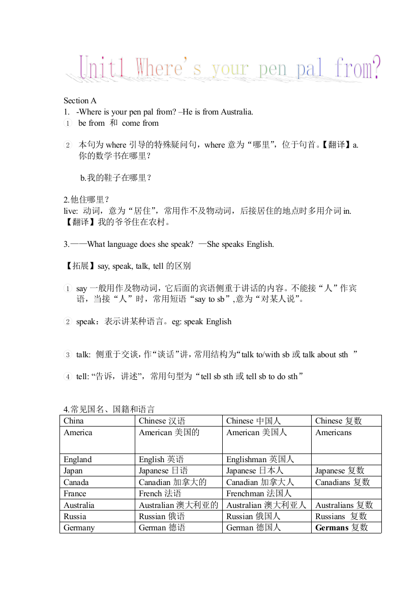 七下新目标Uint1SectionA讲义