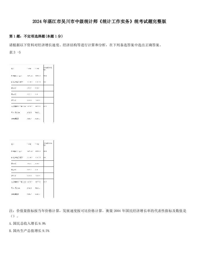 2024年湛江市吴川市中级统计师《统计工作实务》统考试题完整版