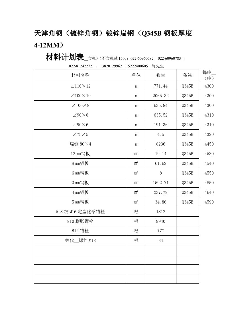 天津角钢(镀锌角钢)镀锌扁钢(Q345B钢板厚度4-12MM)