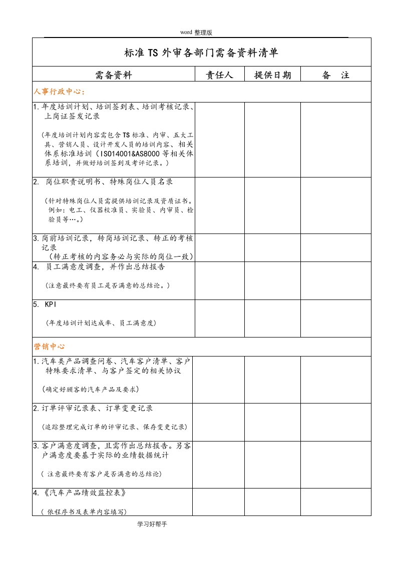 IATF16949审核准备清单