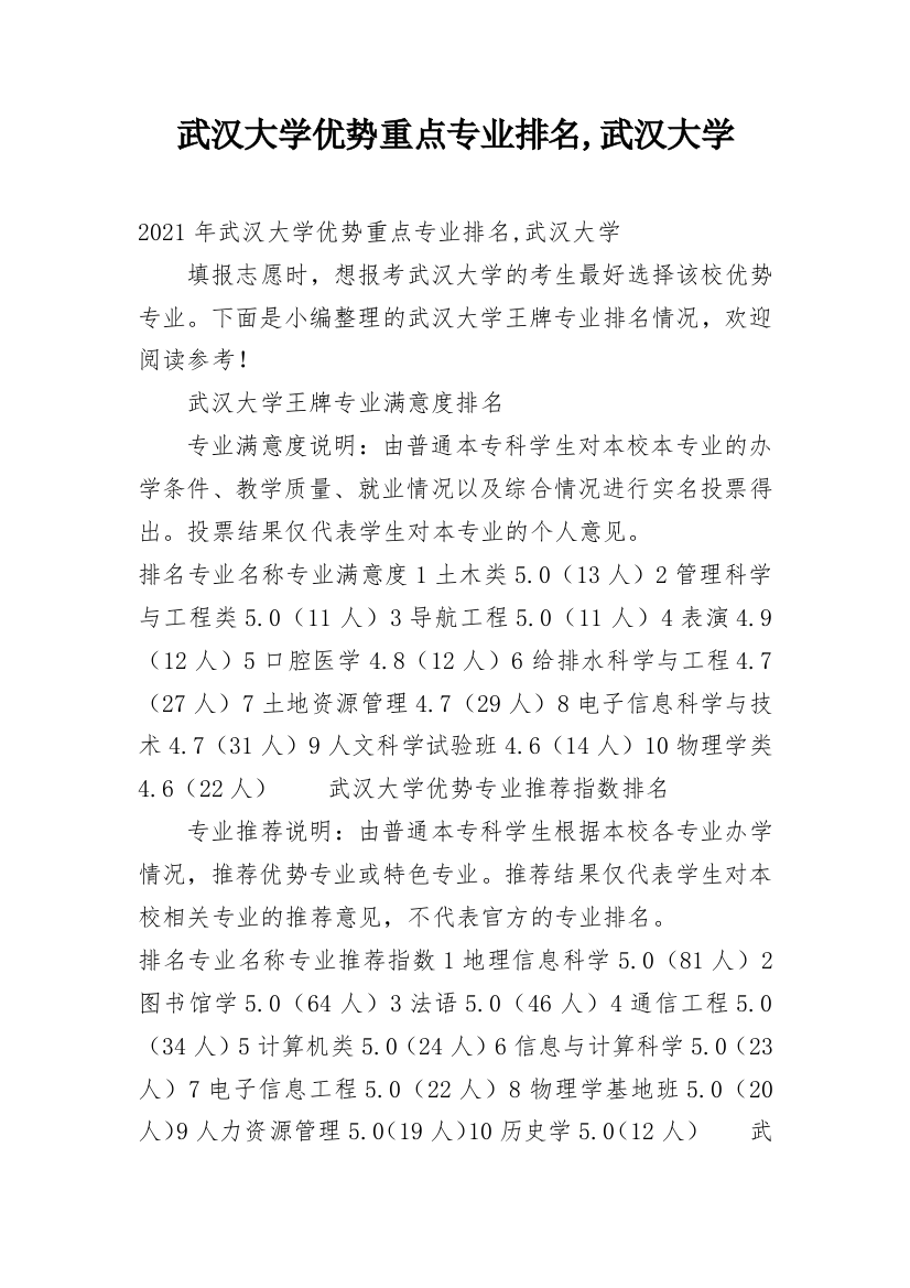 武汉大学优势重点专业排名,武汉大学