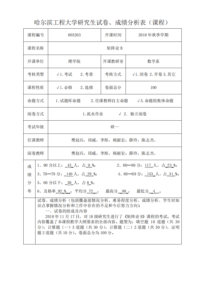 哈尔滨工程大学2018级年矩阵论B成绩分析表