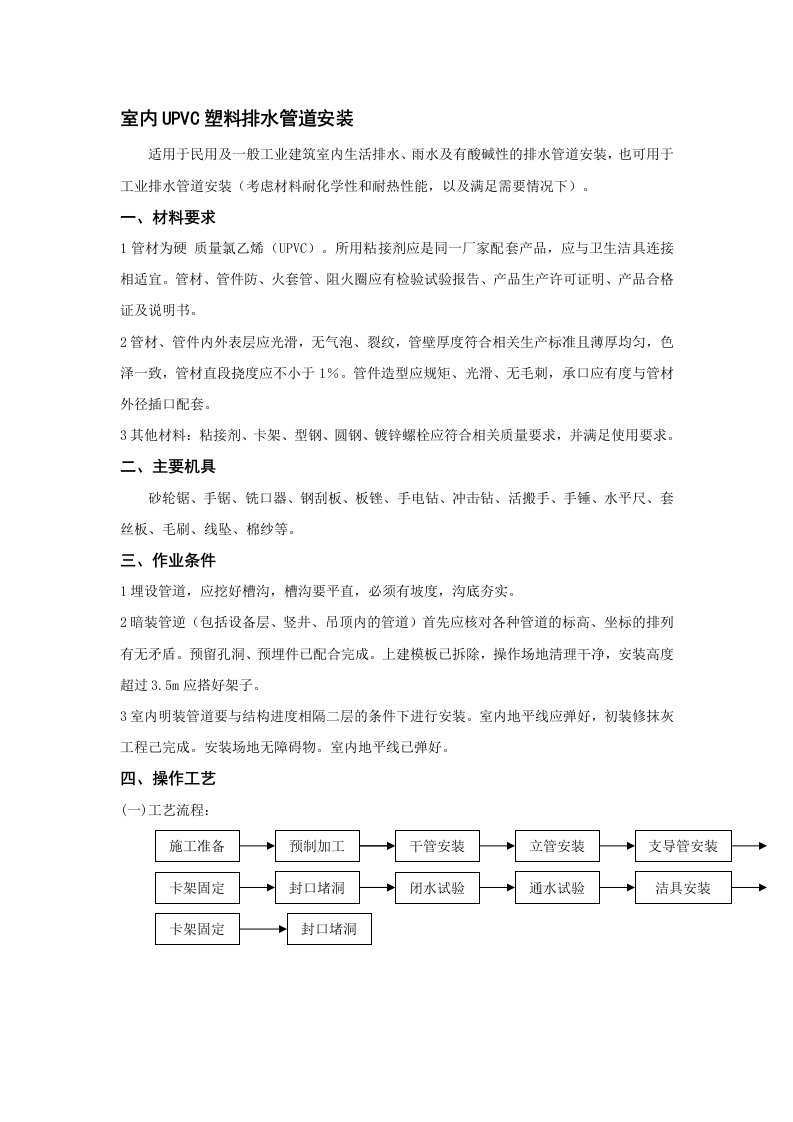 室内UPVC塑料排水管道安装技术交底