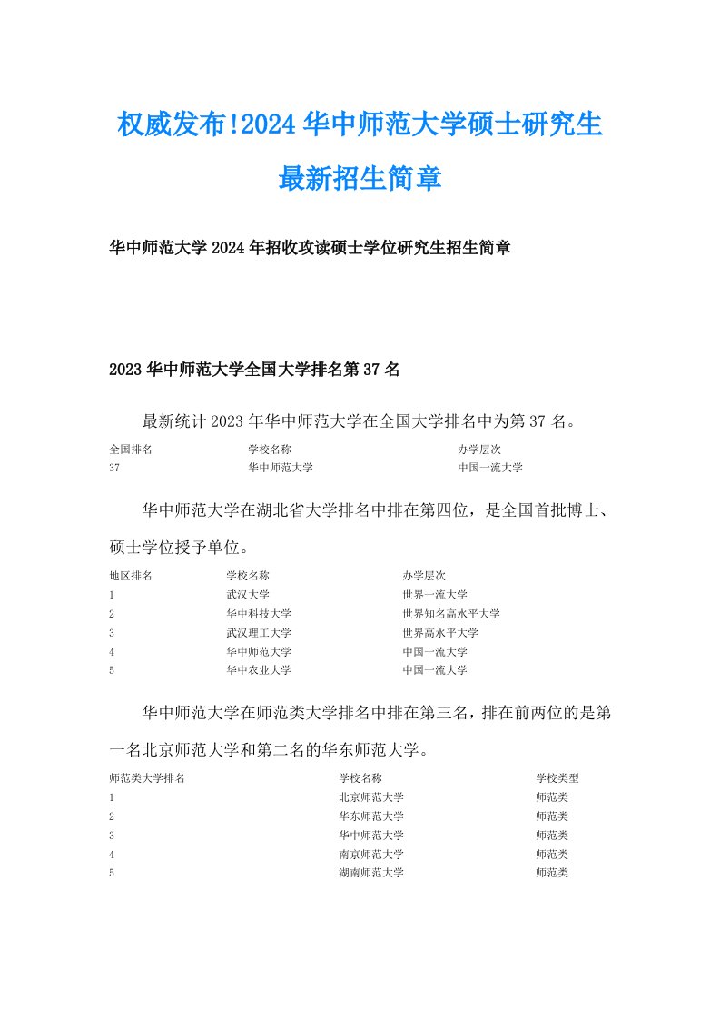 权威发布!2024华中师范大学硕士研究生最新招生简章