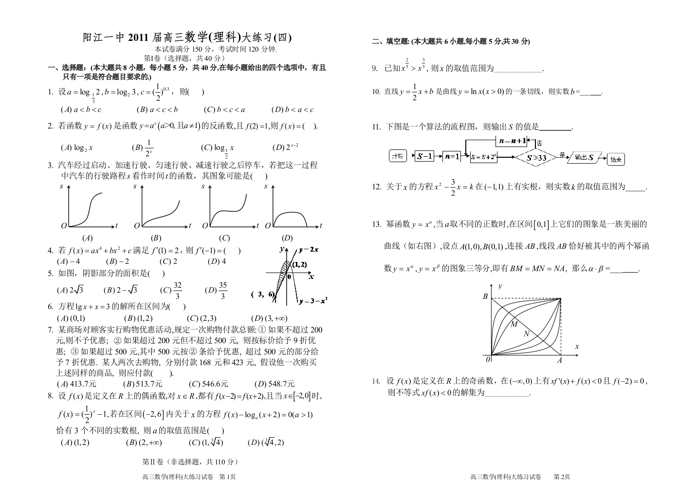 【小学中学教育精选】广东省阳江市第一中学高三数学(理科)大练习(四)2010.10.10