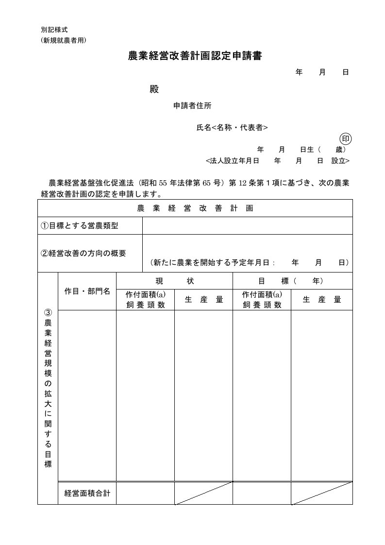 農業経営改善計画認定申請書