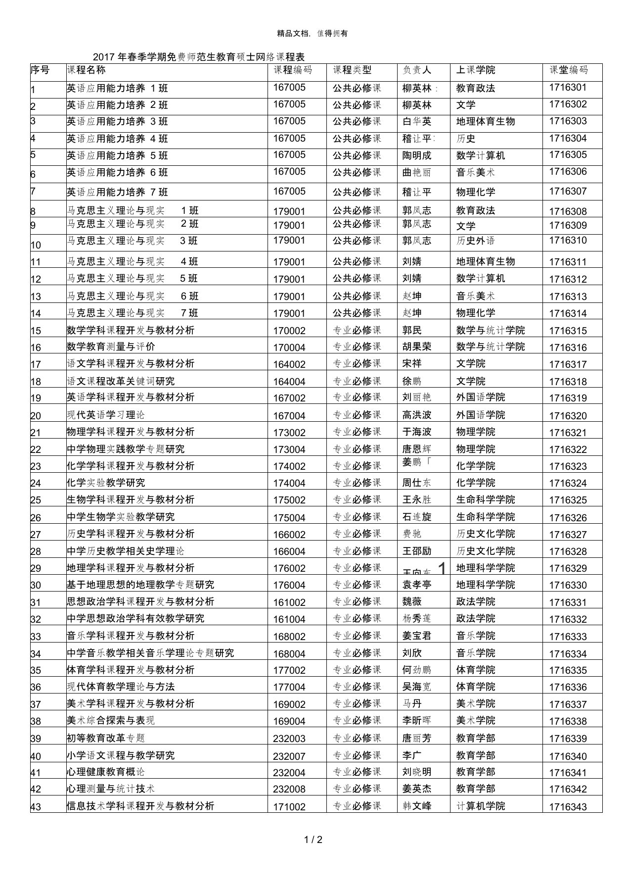 年春季学期免费师范生教育硕士网络课程表