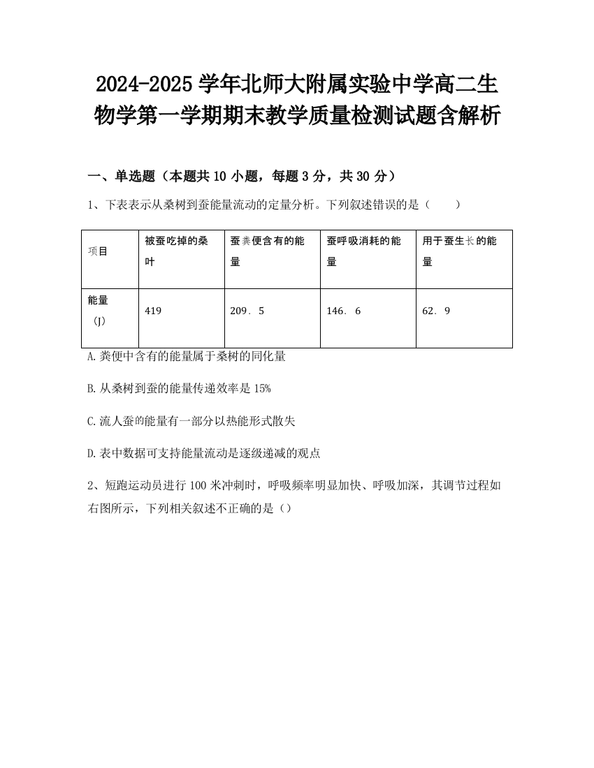 2024-2025学年北师大附属实验中学高二生物学第一学期期末教学质量检测试题含解析