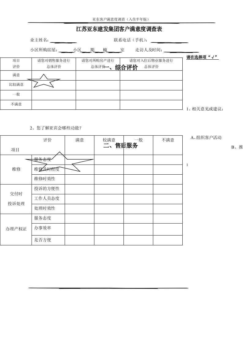 房地产企业近期交付客户满意度调查表