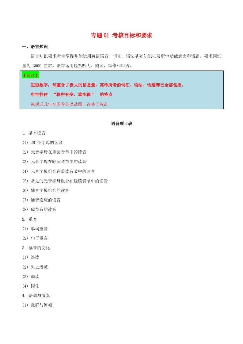 2019年高考英语考试大纲解读专题01考核目标和要求含解析