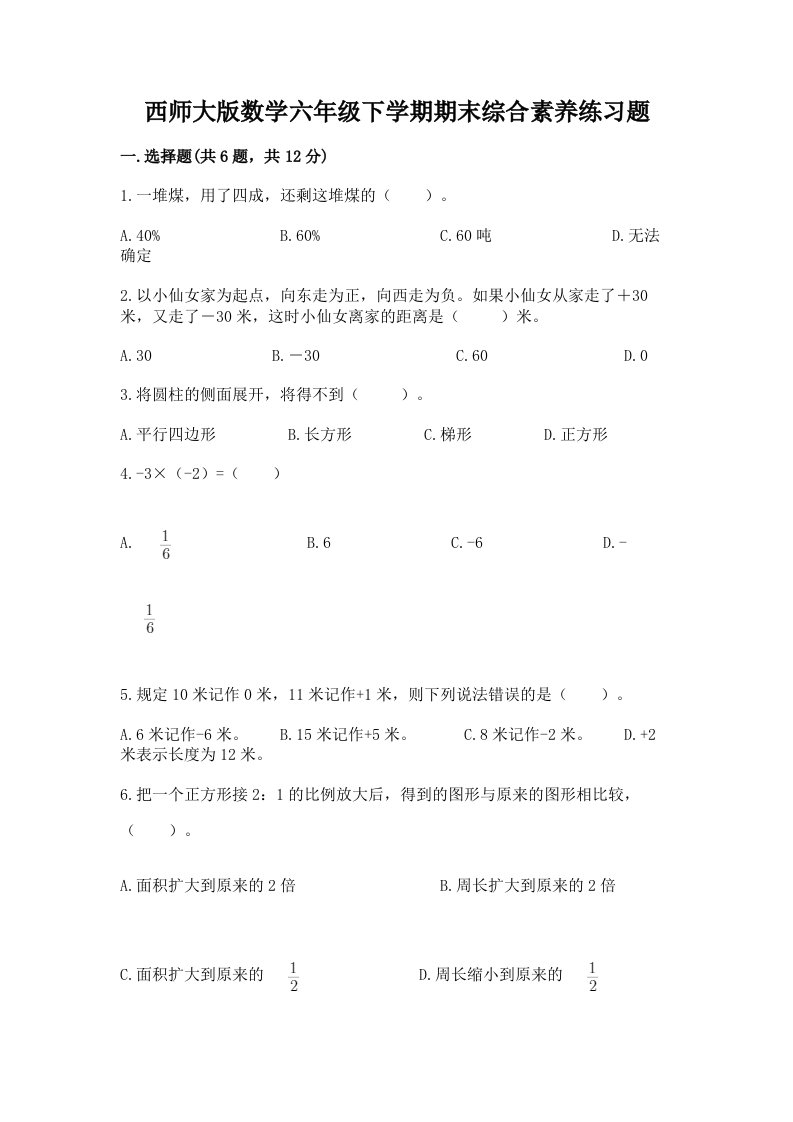 西师大版数学六年级下学期期末综合素养练习题附完整答案（各地真题）