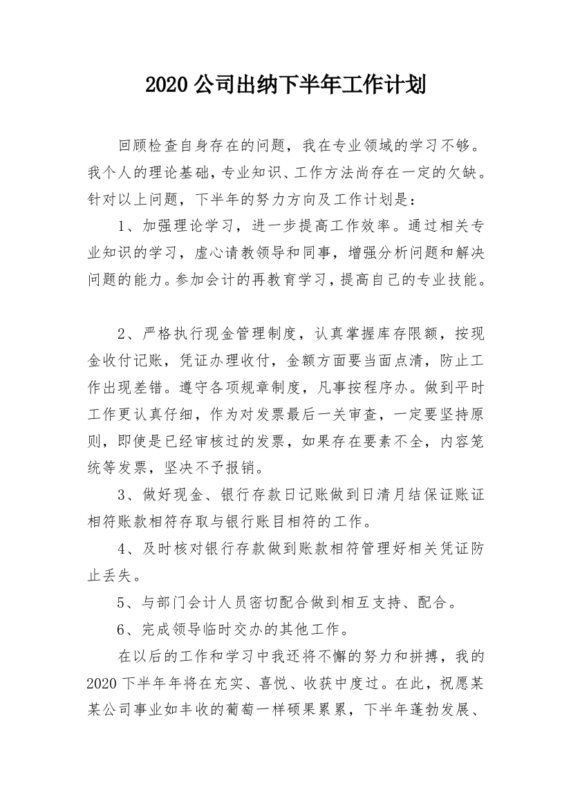 2020公司出纳下半年工作计划