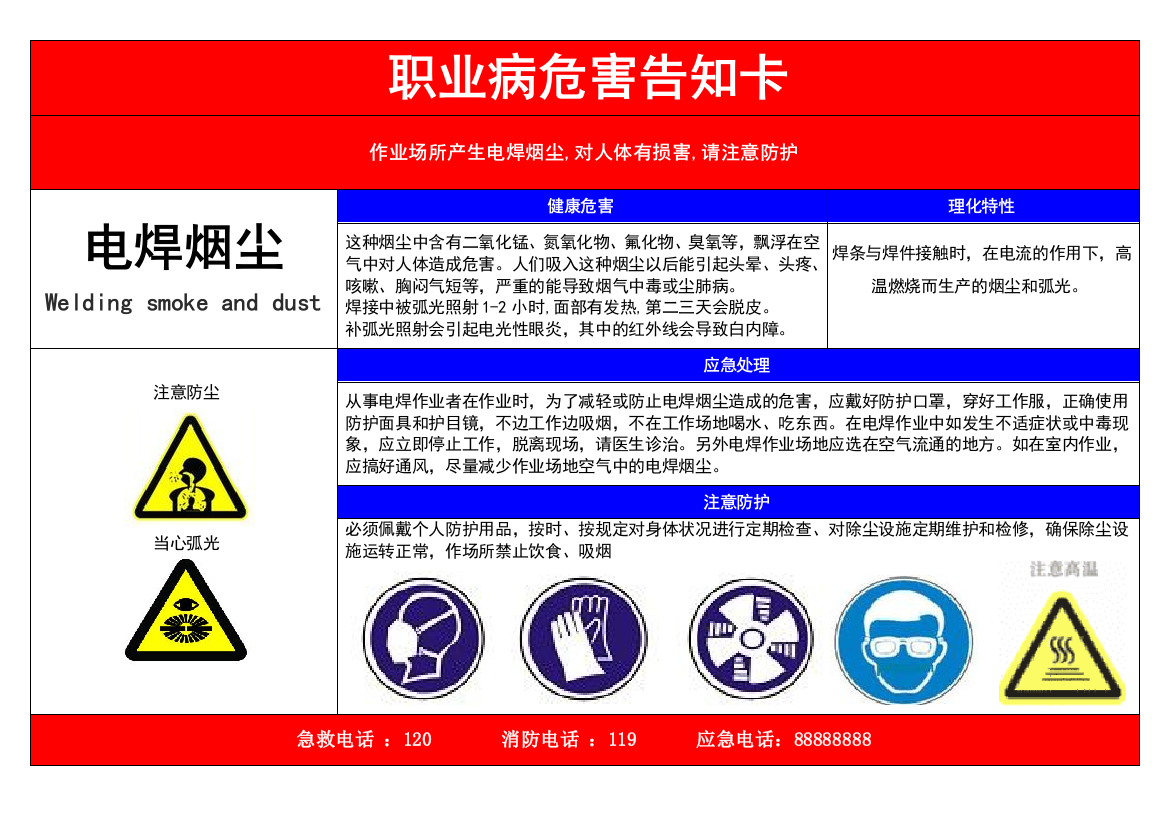 职业病危害告知卡电焊烟尘