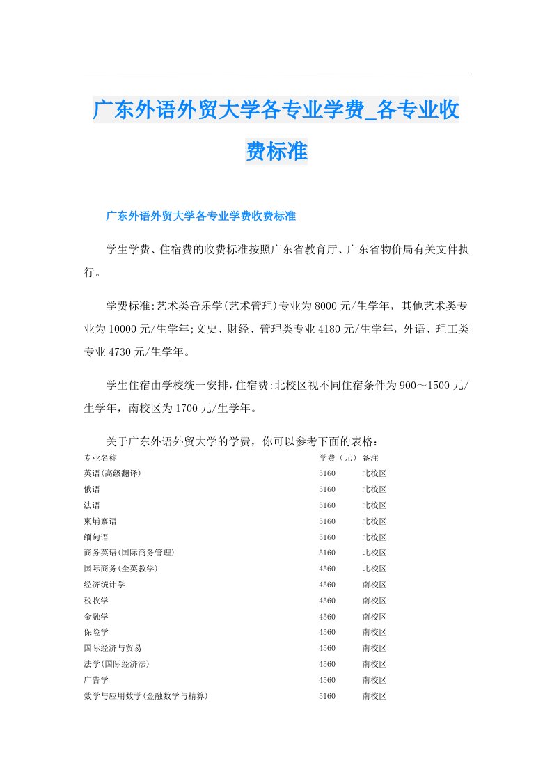 广东外语外贸大学各专业学费_各专业收费标准