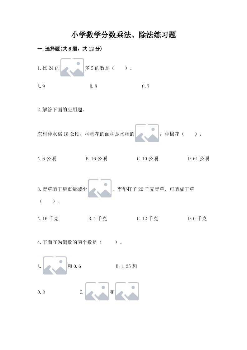 小学数学分数乘法、除法练习题及答案（真题汇编）