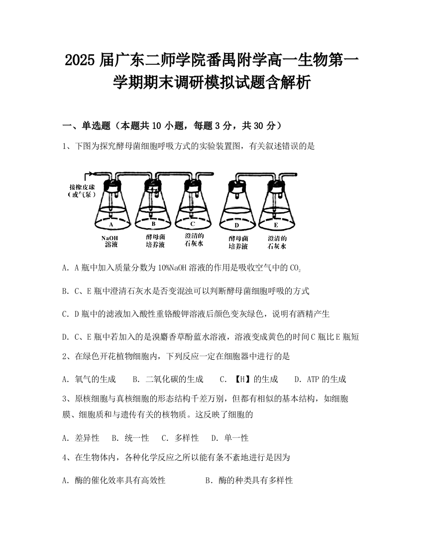 2025届广东二师学院番禺附学高一生物第一学期期末调研模拟试题含解析