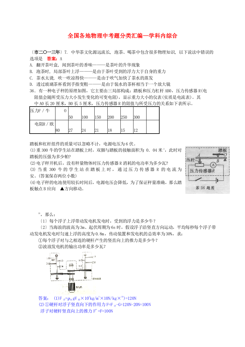 （整理版）全国各地物理中考题分类汇编学科内综合