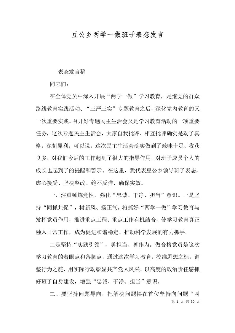 豆公乡两学一做班子表态发言