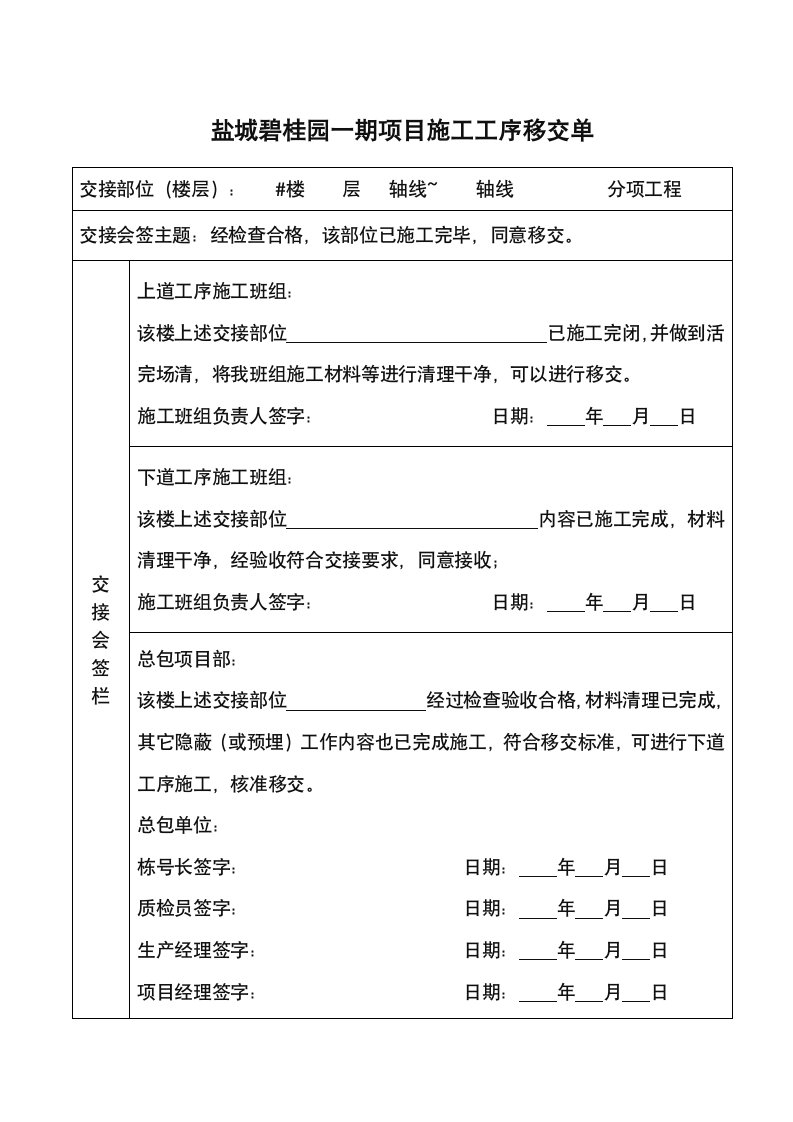 工程施工工序移交单