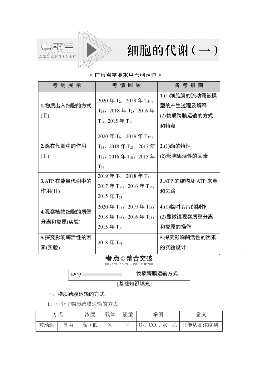 2021广东省高三生物学业水平合格考试总复习教师用书：专题3　细胞的代谢（一）