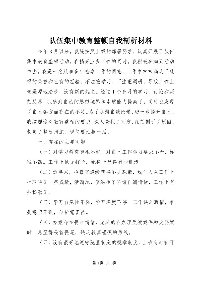 队伍集中教育整顿自我剖析材料