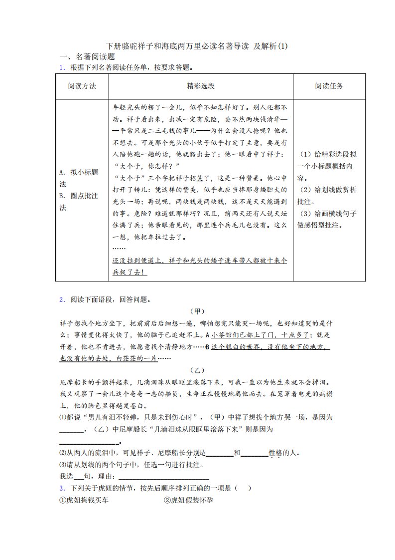 下册骆驼祥子和海底两万里必读名著导读