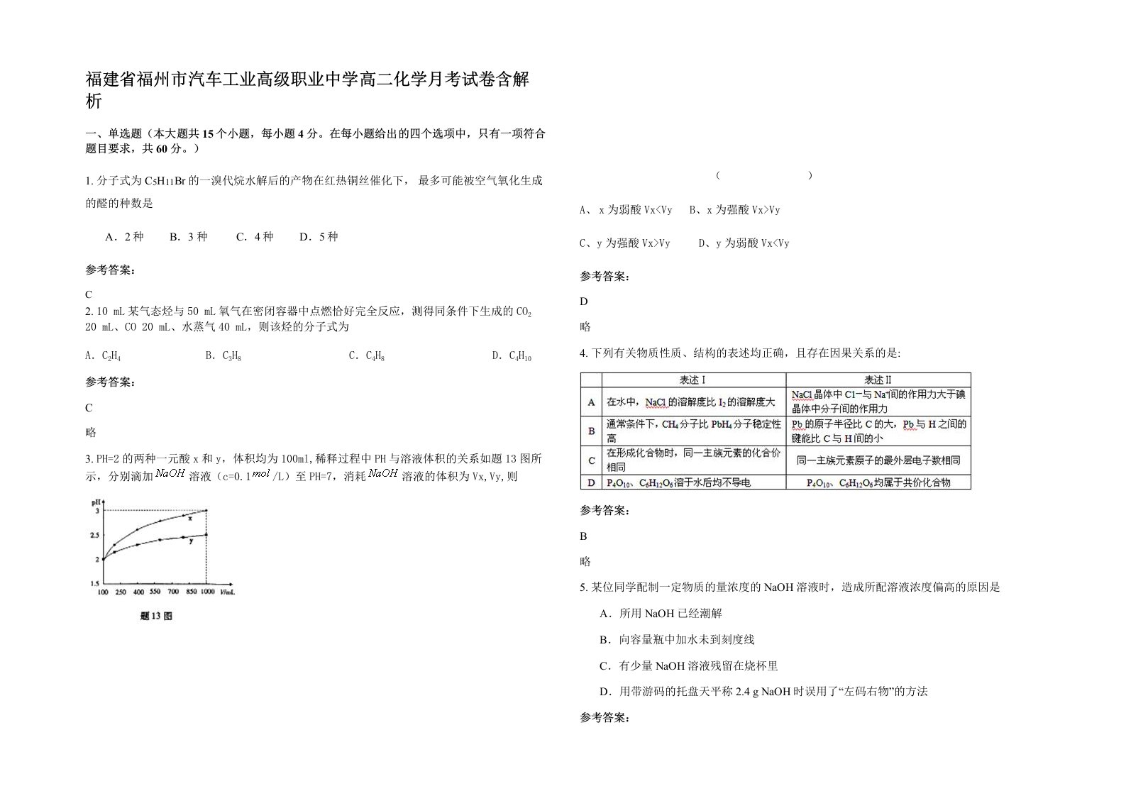 福建省福州市汽车工业高级职业中学高二化学月考试卷含解析