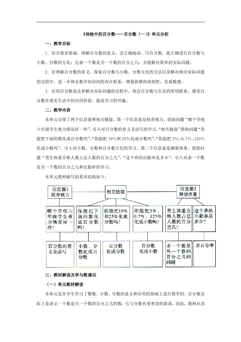 2017秋青岛版数学六年级上册第七单元《体检中的百分数——百分数（一）》单元分析