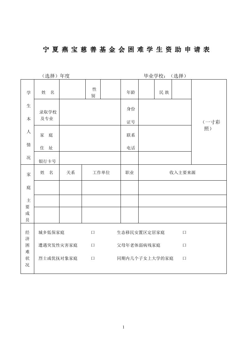 宁夏燕宝慈善基金会困难学生资助申请表