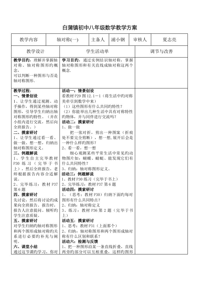 白蒲镇初中八年级数学教学专题方案