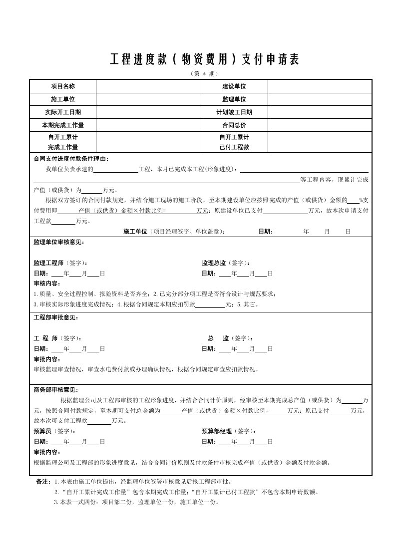 工程进度款支付申请表(施工单位填写)