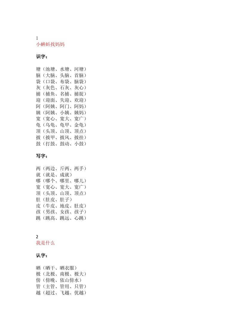 2019年二年级上册语文生字期中备考资料(可打印版)