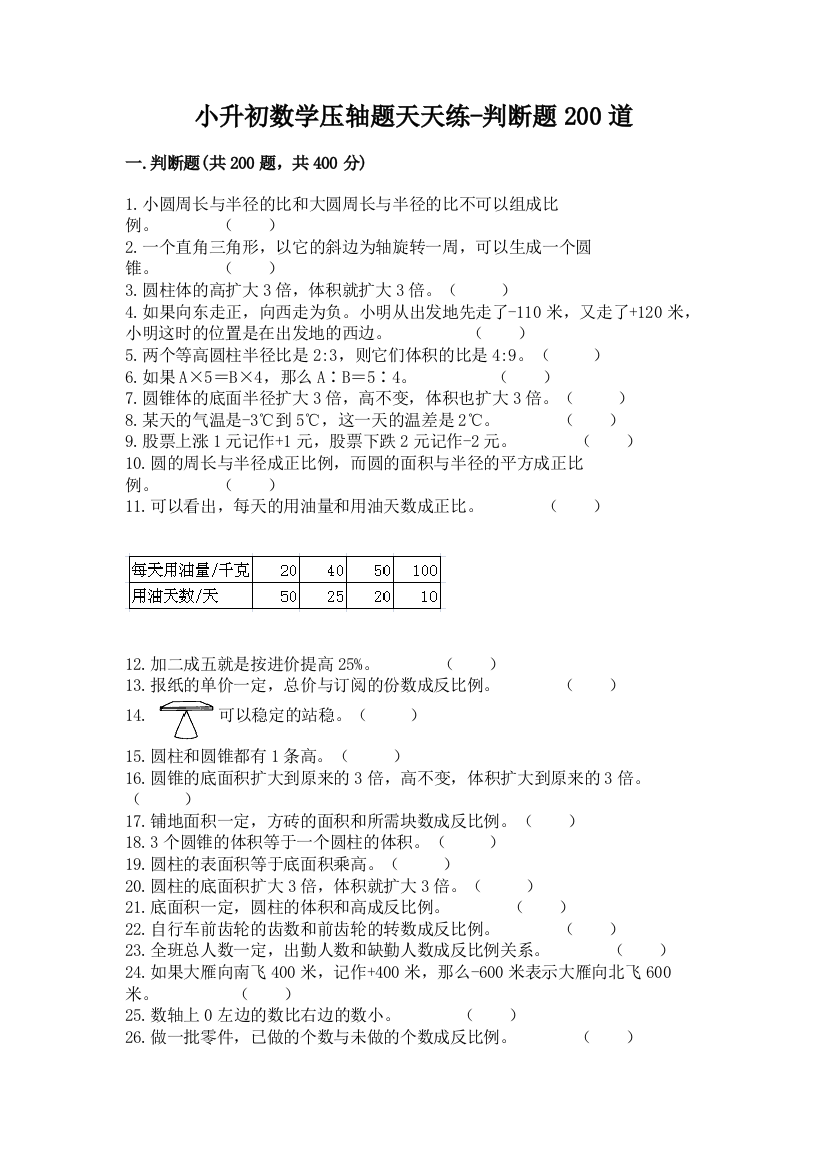 小升初数学压轴题天天练-判断题200道加答案(预热题)