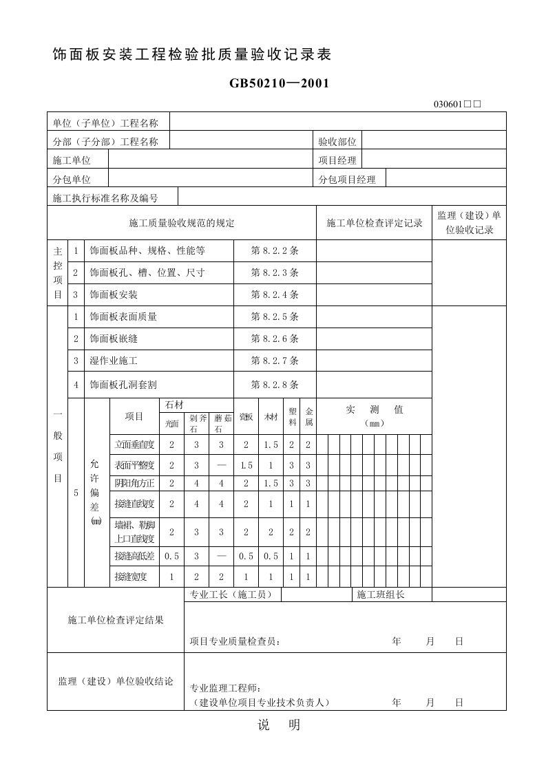 饰面板安装工程检验批质量验收记录表