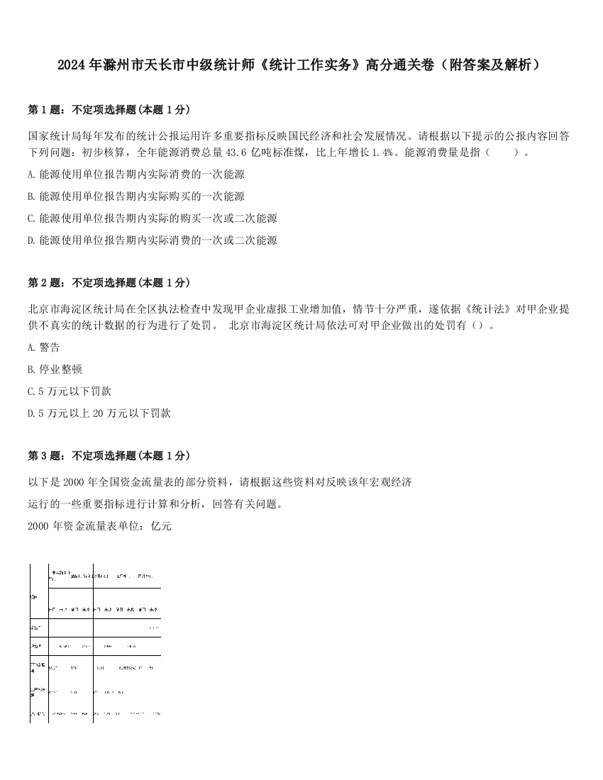 2024年滁州市天长市中级统计师《统计工作实务》高分通关卷（附答案及解析）